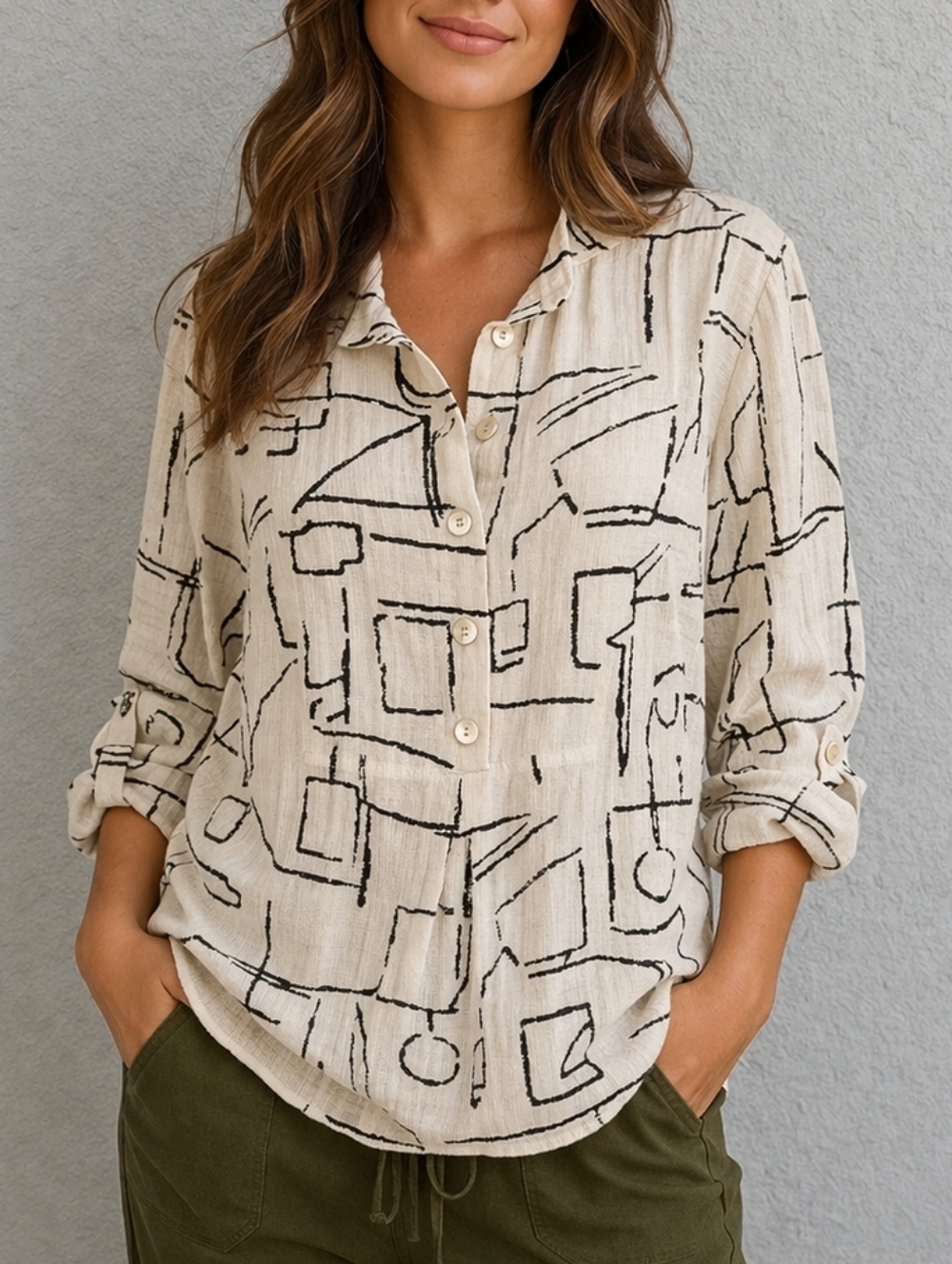 JOHN MARK Black & White Abstract Half Button Shapeable Collar Tunic